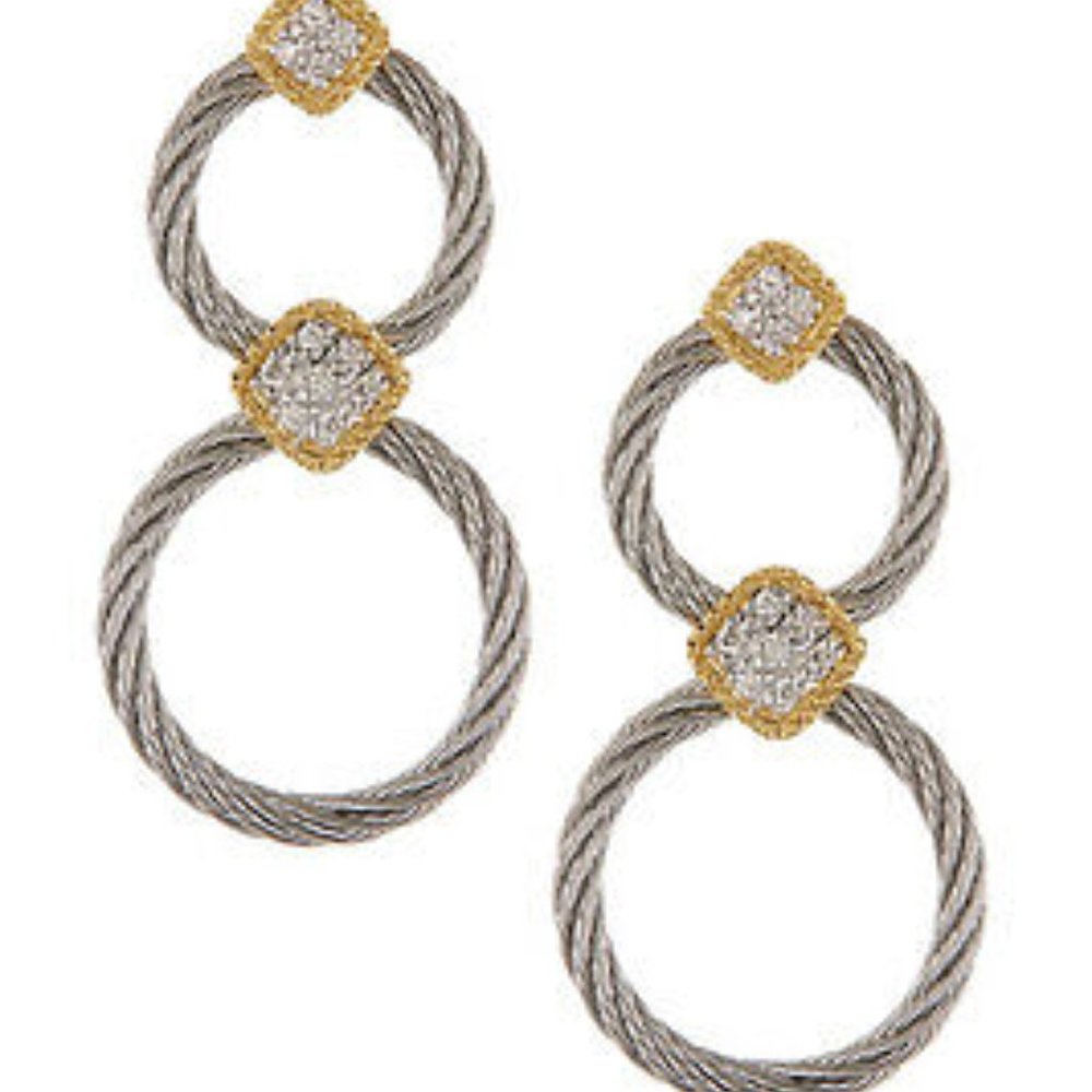 ALOR 18K Gold Stainless Steel Classique Diamond Pave Double Hoop Drop Earrings